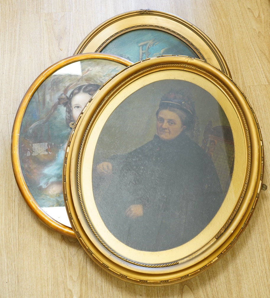 Three 19th century oval paintings, comprising classical oil on board, pastel portrait of a young girl before a landscape and seated lady in mourning dress, largest 50 x 40cm, gilt framed. Condition - varies, poor to fair